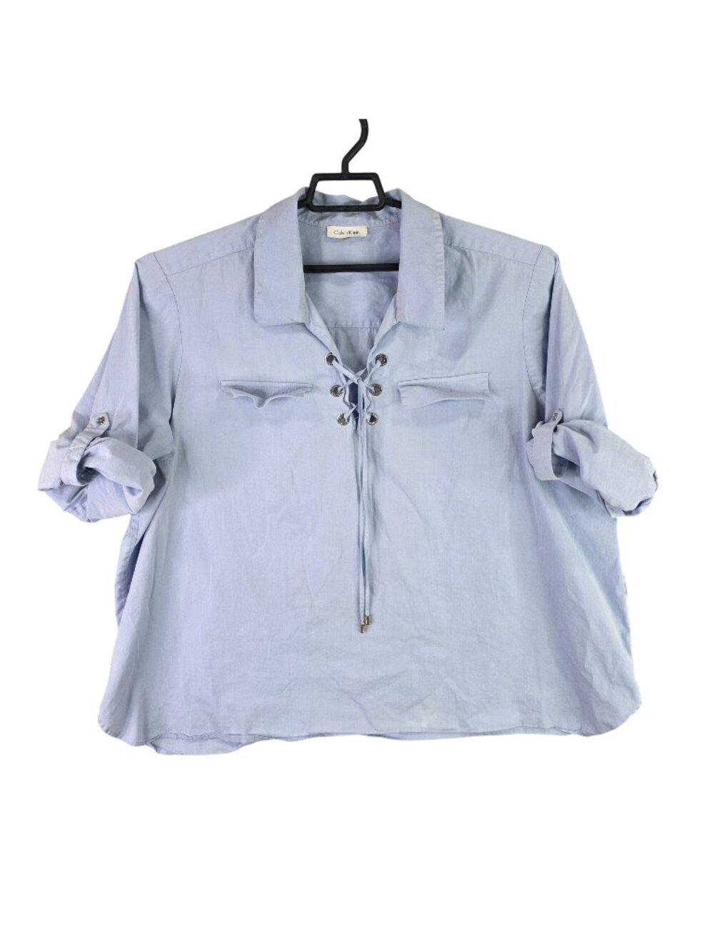 Womens Calvin Klein Blue Lace Up Front Shirt Roll Tab Sleeves Cotton Blend 3X